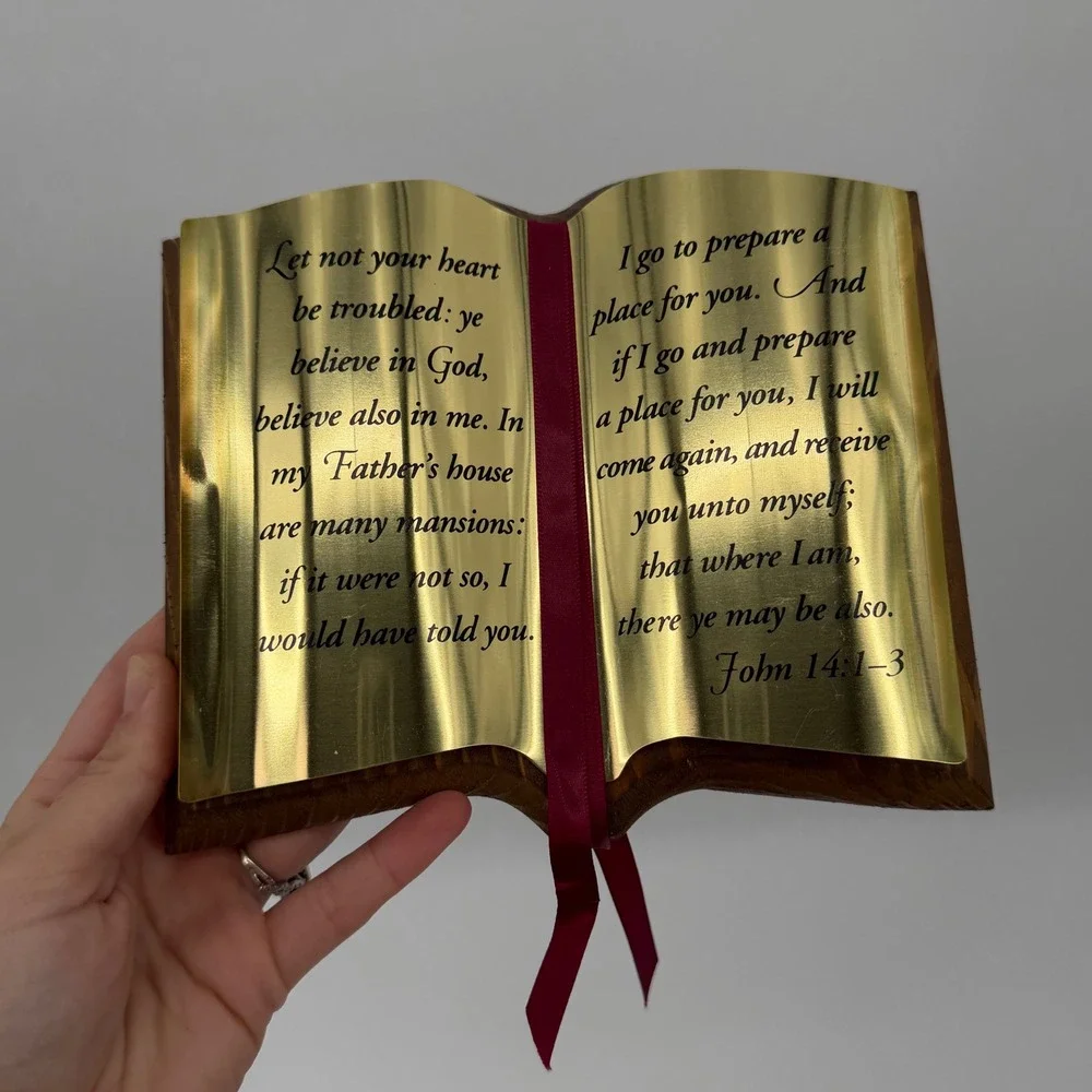 Vintage Wooden Open Book Scripture Wall Plaque Gold Tone John 14:1-3 Decor